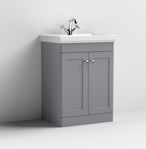 Nuie Classique Satin Grey 600mm 2-Door Floor Standing Vanity Unit & Basin